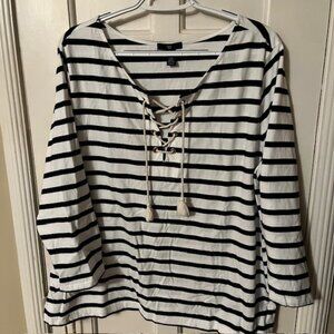 GAP WOMEN'S XXL BLUE & WHITE STRIPED NAUTICAL T-SHIRT; 3/4 SLEEVES, ROPE TIE